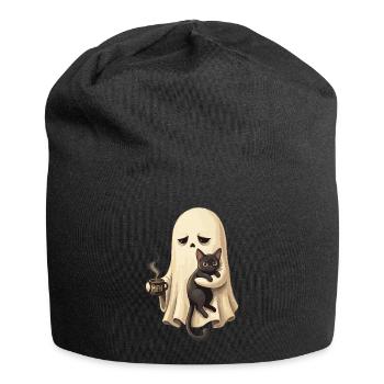 Ghost cat with coffee cup - Jersey Beanie - black - Front