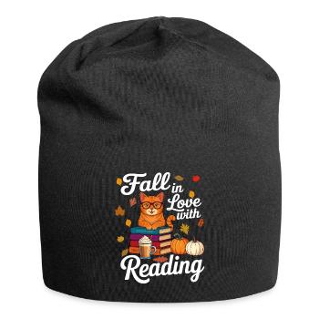 Cat Reading Books Autumn Pumpkin - Book Lover - Jersey Beanie - black - Front