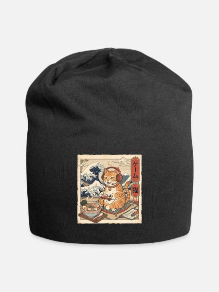 Gamer-Katze isst Ramen Japanische Vintage-Kunst - Jersey-Beanie - Schwarz