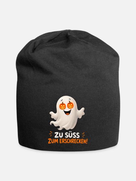 Zu süß zum Erschrecken – Geist mit Kürbisaugen - Jersey-Beanie - Schwarz