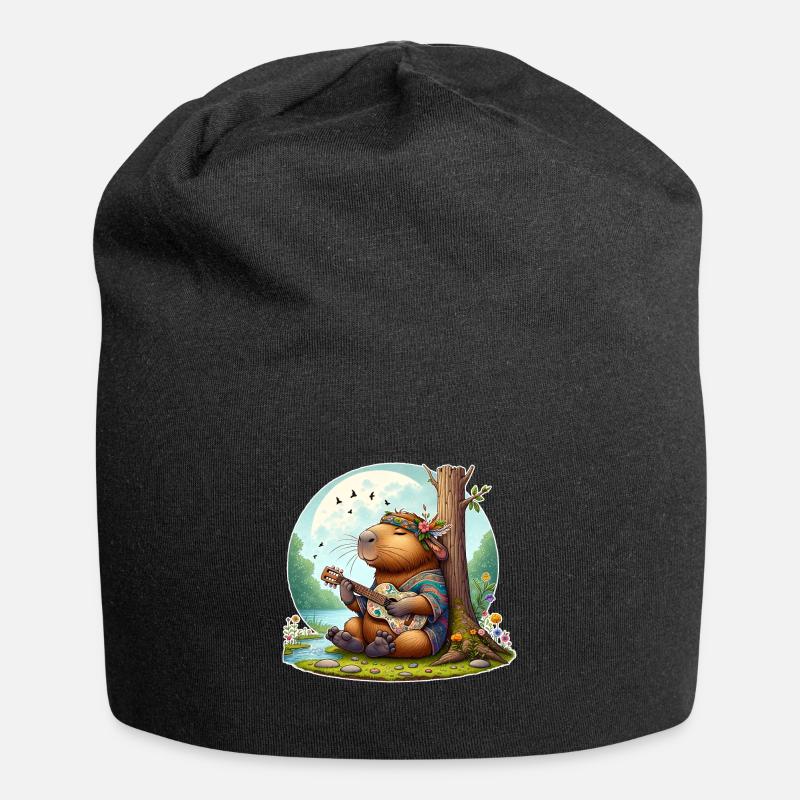 Capybara Guitar Hippie Peace - Jersey Beanie - black