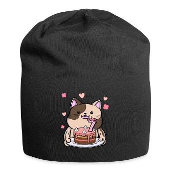 Mollige Katze Hält Eine Geburtstagstorte 7. - Jersey-Beanie - Schwarz - Vorne