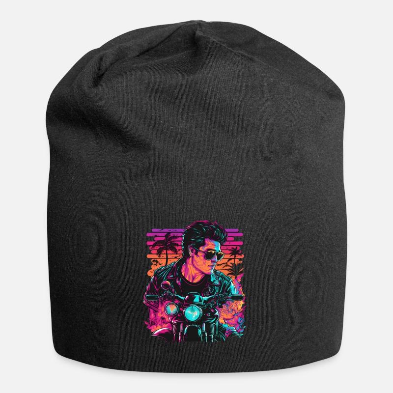 Retro Biker Illustration Motorrad Synthwave Art - Jersey-Beanie - Schwarz