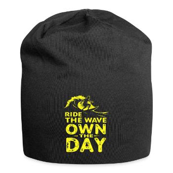 Surfer Ride the Wave – Own the Day Spruch - Jersey-Beanie - Schwarz - Vorne