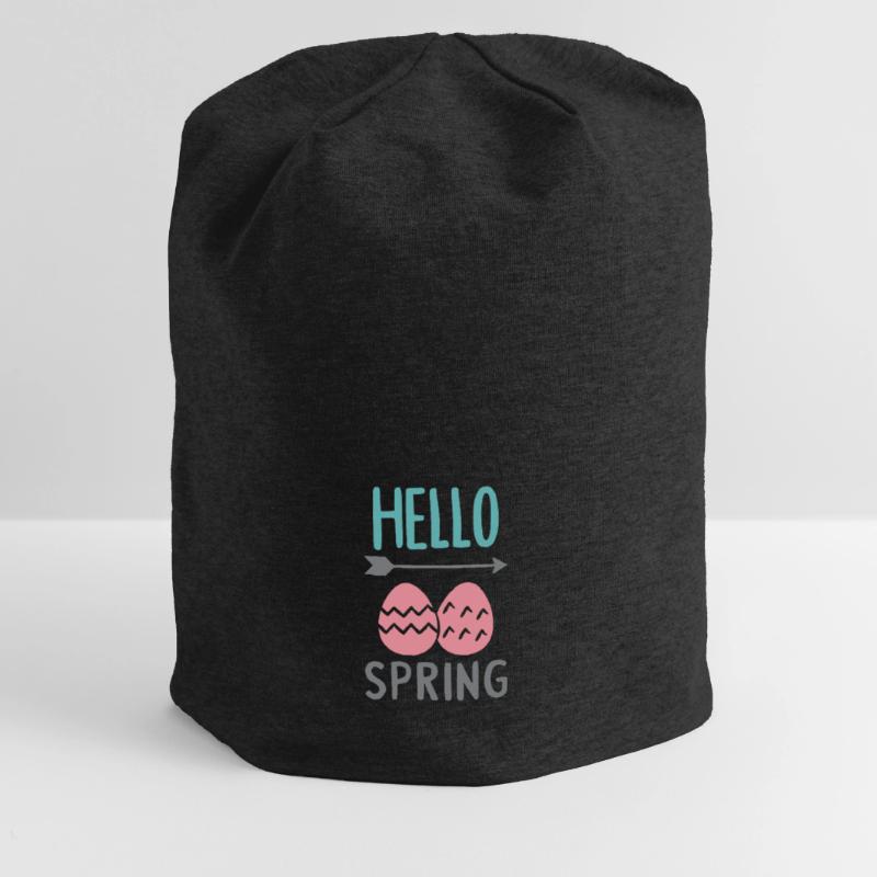 Hello Spring Spring Design with Easter Eggs Jersey Beanie