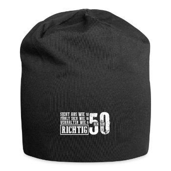Sieht aus wie 18 fühlt sich wie 16 verhalten wie 6 - Jersey-Beanie - Schwarz - Vorne