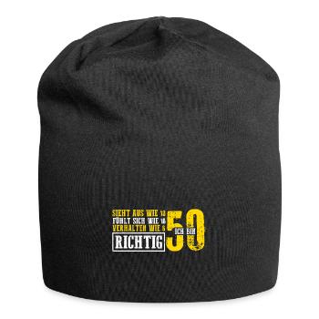 Sieht aus wie 18 fühlt sich wie 16 verhalten wie 6 - Jersey-Beanie - Schwarz - Vorne