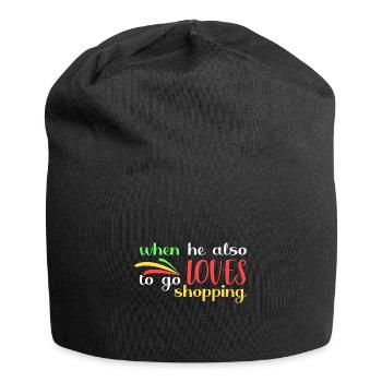 er liebt es auch, einkaufen zu gehen - Jersey-Beanie - Schwarz - Vorne