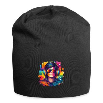 Homme portant un casque et des lunettes de soleil - Bonnet en jersey - noir - Devant