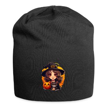Sorcière d’Halloween avec chat noir et citrouille - Bonnet en jersey - noir - Devant