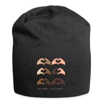 „Friendship is colourful“ Herzhände - Jersey-Beanie - Schwarz - Vorne