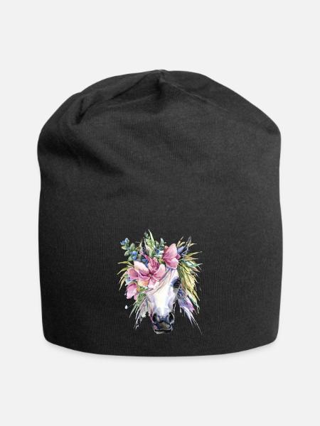 horse unicorn flowers - Jersey Beanie - black