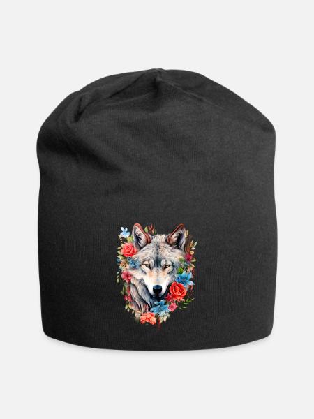 Wolf with Flowers Girls - Jersey Beanie - black