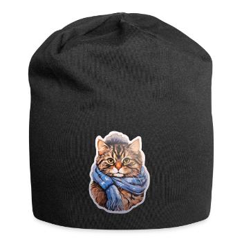 Winterkatze mit Schal - Jersey-Beanie - Schwarz - Vorne