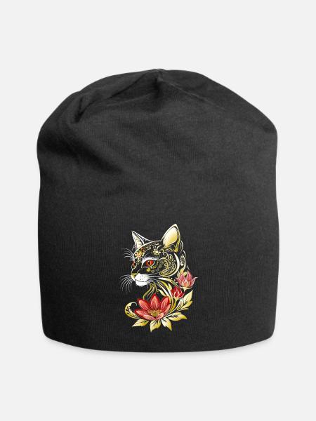 Cat Cat Kitten Flowers Blossoms Cats Cat - Jersey Beanie - black
