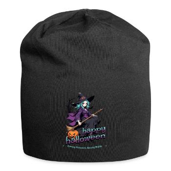 Cute witch with broom and bats - Jersey Beanie - black - Front