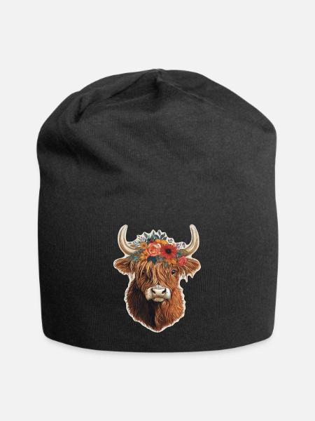 Hochlandrind mit Blumen - Jersey-Beanie - Schwarz