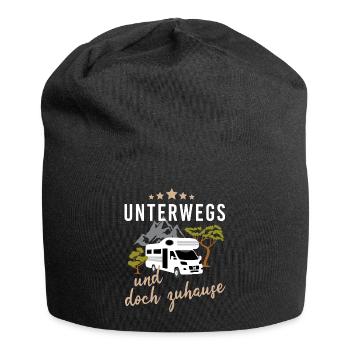 Unterwegs und doch zuhause. Camping mit Wohnmobil - Jersey-Beanie - Schwarz - Vorne