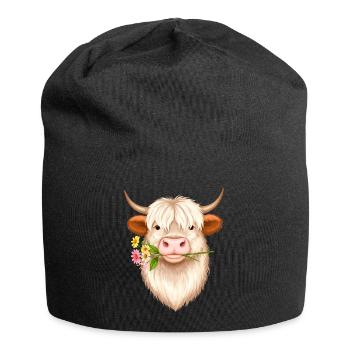 Cool Highland Cow with Flower – Scottish Cattle Style - Jersey Beanie - black - Front