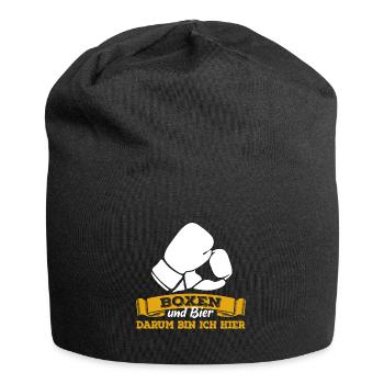 Boxen und Bier, darum bin ich hier - Spruch - Jersey-Beanie - Schwarz - Vorne