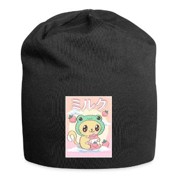 Japanese Aesthetic Kawaii Cat Frog Strawberry Milk - Jersey Beanie - black - Front