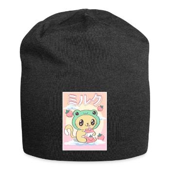 Japanese Aesthetic Kawaii Katze Frog Erdbeermilch - Jersey-Beanie - Anthrazit - Vorne