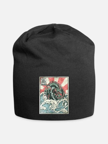 Drache Kanagawa Wave Stempel Japanisch Ästhetische - Jersey-Beanie - Schwarz