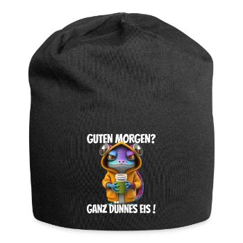 Guten Morgen? Ganz dünnes Eis! Lustiger Gecko - Jersey-Beanie - Schwarz - Vorne
