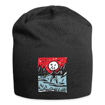 Le soleil rouge du Japon : montagnes et bonhommes allumettes - Bonnet en jersey - noir - Devant