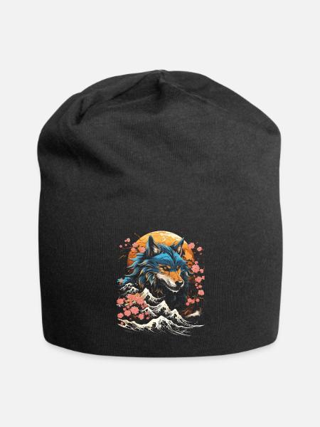 Wolf Japanisch Japanische Kunst Anime Traditionell - Jersey-Beanie - Schwarz