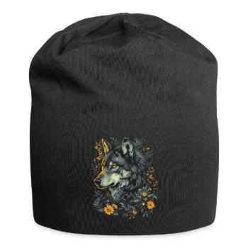 Wolf Wolfskopf Mystisch Blumen Natur Wildnis Kunst - Jersey-Beanie - Schwarz - Vorne