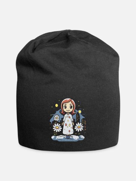 Cartoon Fröhliches Schlafwandeln und Gänseblümchen - Jersey-Beanie - Schwarz