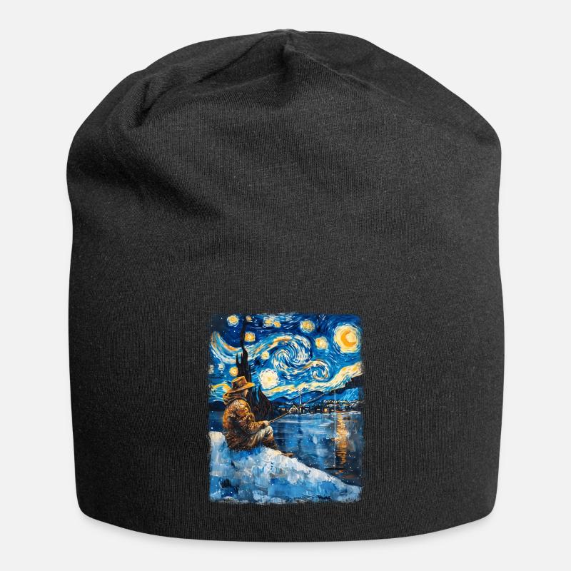 Eisfischen Eisfischer Fischer Sternennacht Gemälde - Jersey-Beanie - Schwarz