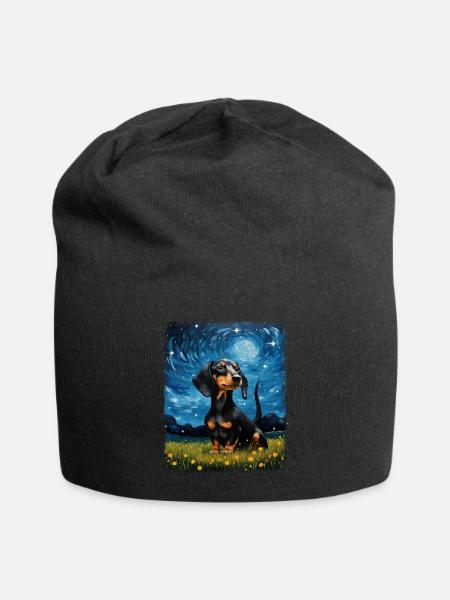 Dackel Hund Sternennacht Gemälde - Jersey-Beanie - Schwarz