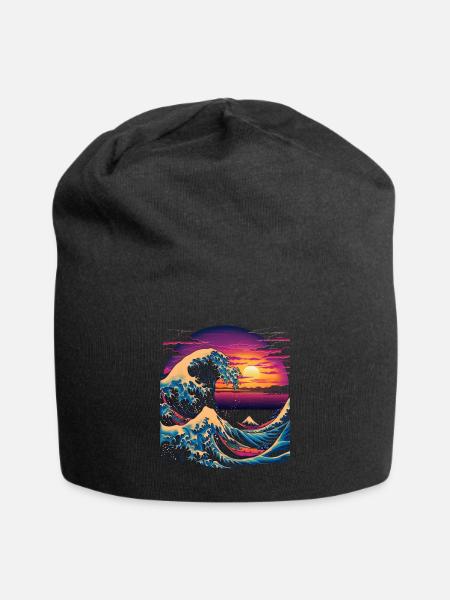 Large Wave of Kanagawa Japanese Art Aesthetics - Jersey Beanie - black