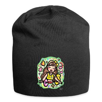 Glückliches Cartoon-Mädchen mit Herzen und Sternen - Jersey-Beanie - Schwarz - Vorne