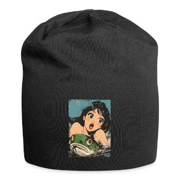 Cartoon Meerjungfrau und grüner Fisch - Jersey-Beanie - Schwarz - Vorne