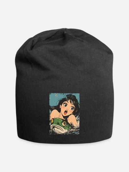 Cartoon Meerjungfrau und grüner Fisch - Jersey-Beanie - Schwarz
