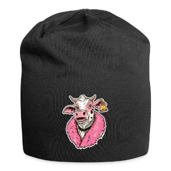 modische Mode-Kuh in pinker Jacke - Jersey-Beanie - Schwarz - Vorne