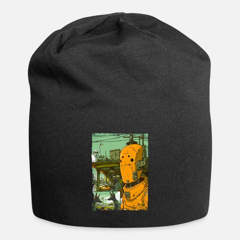 Cartoon einer Sci-Fi-Dystopie mit Roboter - Jersey-Beanie - Schwarz