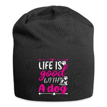 Life is beautiful with a dog - pink and white - Jersey Beanie - black - Front
