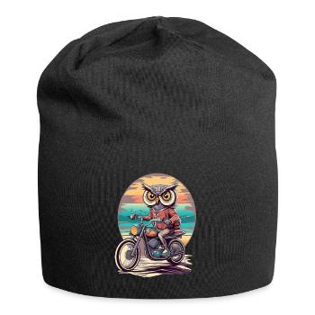 Motorradfahrt bei Sonnenuntergang im Retro-Stil mit einer weisen Eule - Jersey-Beanie - Schwarz - Vorne