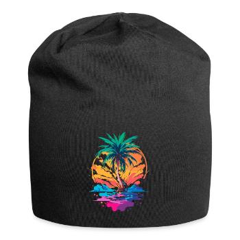 Palme vor Sonnenuntergang | Tropisches Paradies - Jersey-Beanie - Schwarz - Vorne
