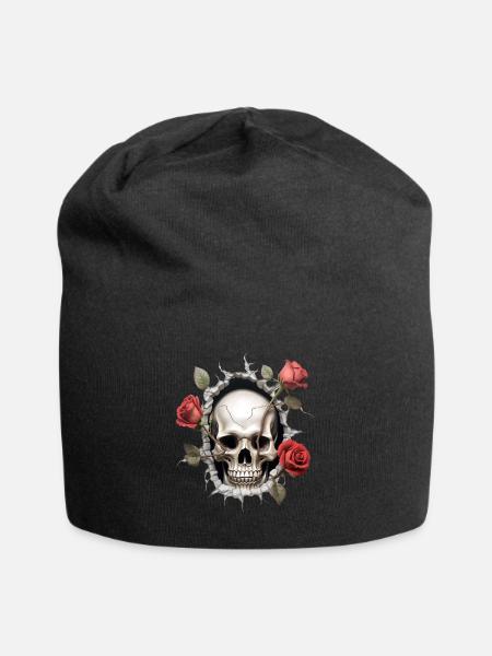 Gothic Skull and Roses Art Print - Jersey Beanie - black