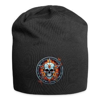 Schädel und Pentagramm Flammen im Kreis - Jersey-Beanie - Schwarz - Vorne
