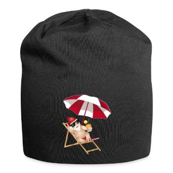 cooler Gartenzwerg im Liegestuhl am Strand - Jersey-Beanie - Schwarz - Vorne