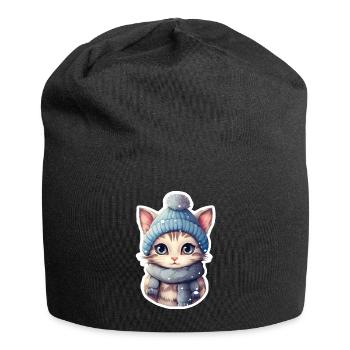Cat with hat and scarf - Jersey Beanie - black - Front
