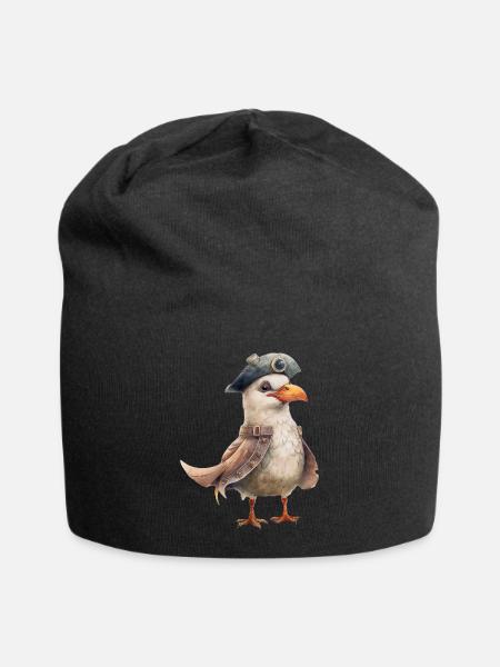 Lustige Möwe mit Hut, Ostsee, Nordsee, Meer - Jersey-Beanie - Schwarz