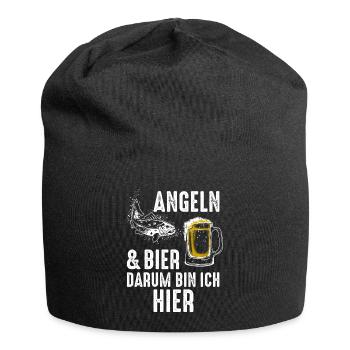 Angeln und Bier, darum bin ich hier. - Jersey-Beanie - Schwarz - Vorne