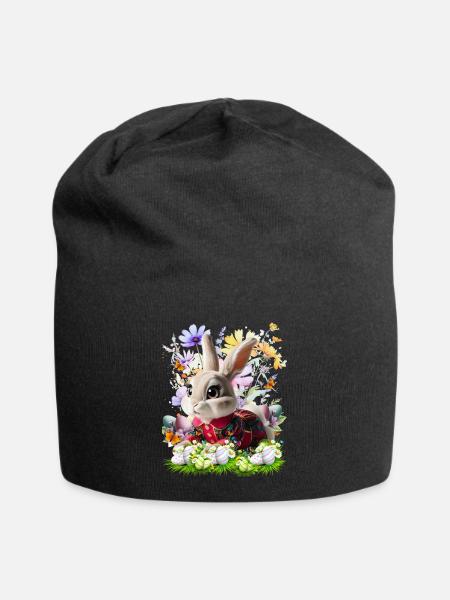 Osterhase im Blumenfeld - Jersey-Beanie - Schwarz